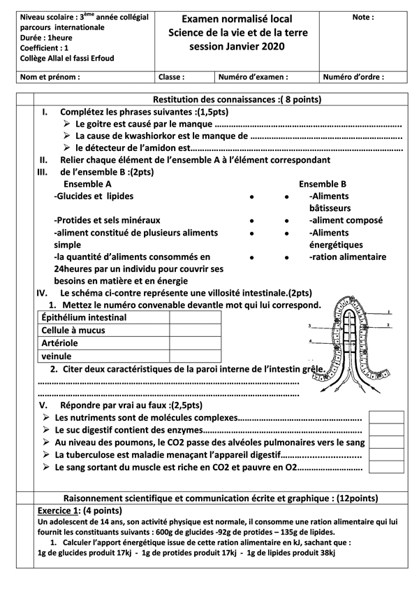 examen local svt 3ème année collège avec correction pdf
