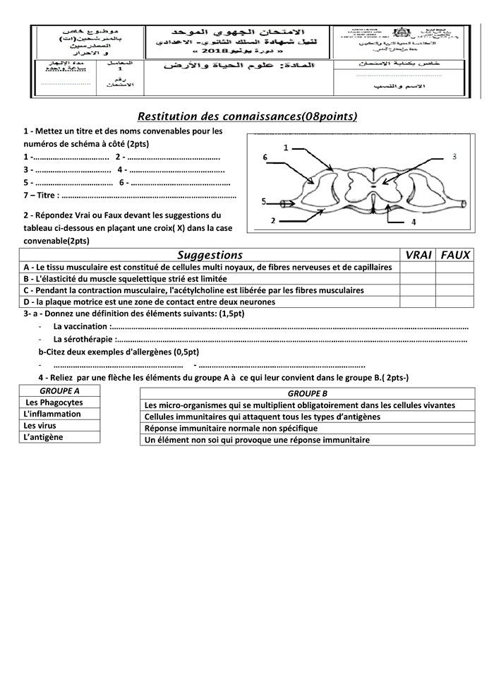examen regional svt 3ème année collège maroc