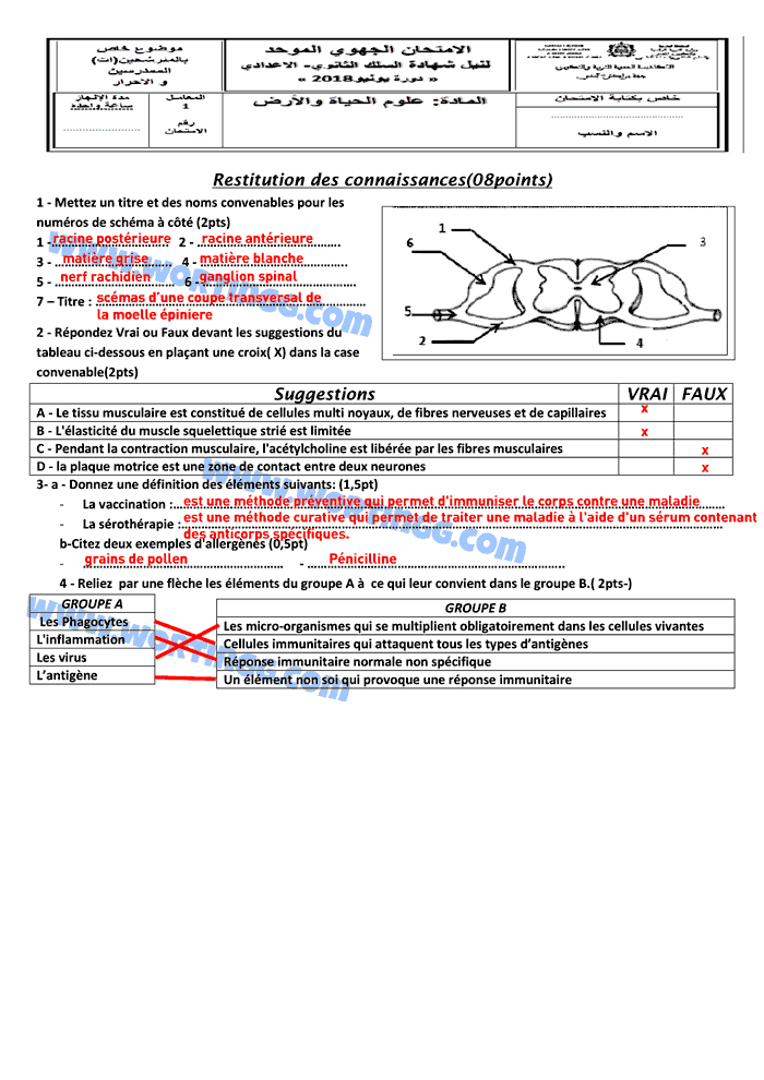 examen regional svt 3ème année collège maroc