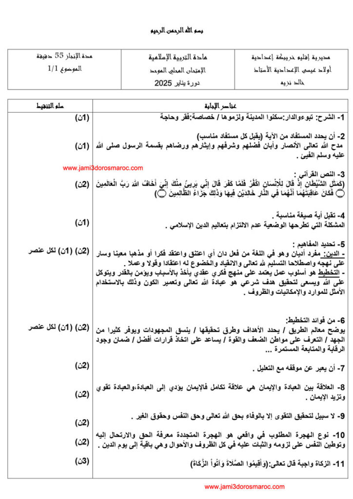 امتحان محلي الثالثة اعدادي التربية الاسلامية مع التصحيح